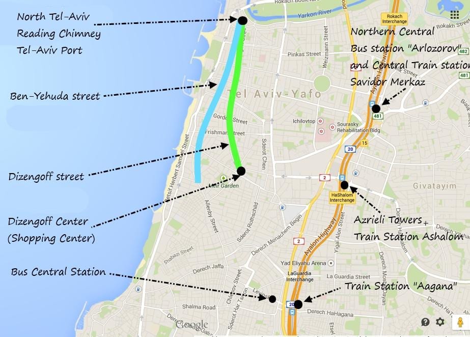 kort af Tel Aviv almenningssamgöngum